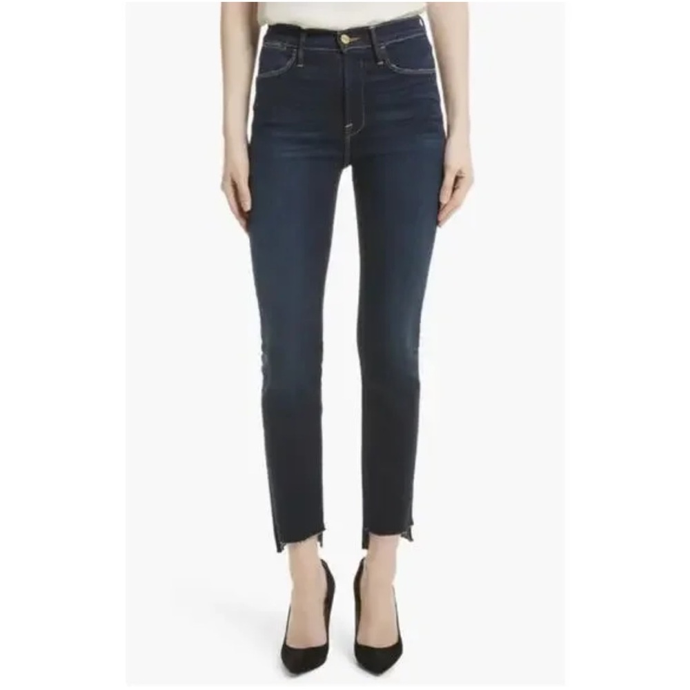 FRAME Le High Straight Raw Stagger Jeans Dark Wash "Cabana" Stretch Size 28